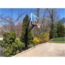 Black in-ground basketball hoop with glass backboard and offset arm beside a paver driveway and shrubs